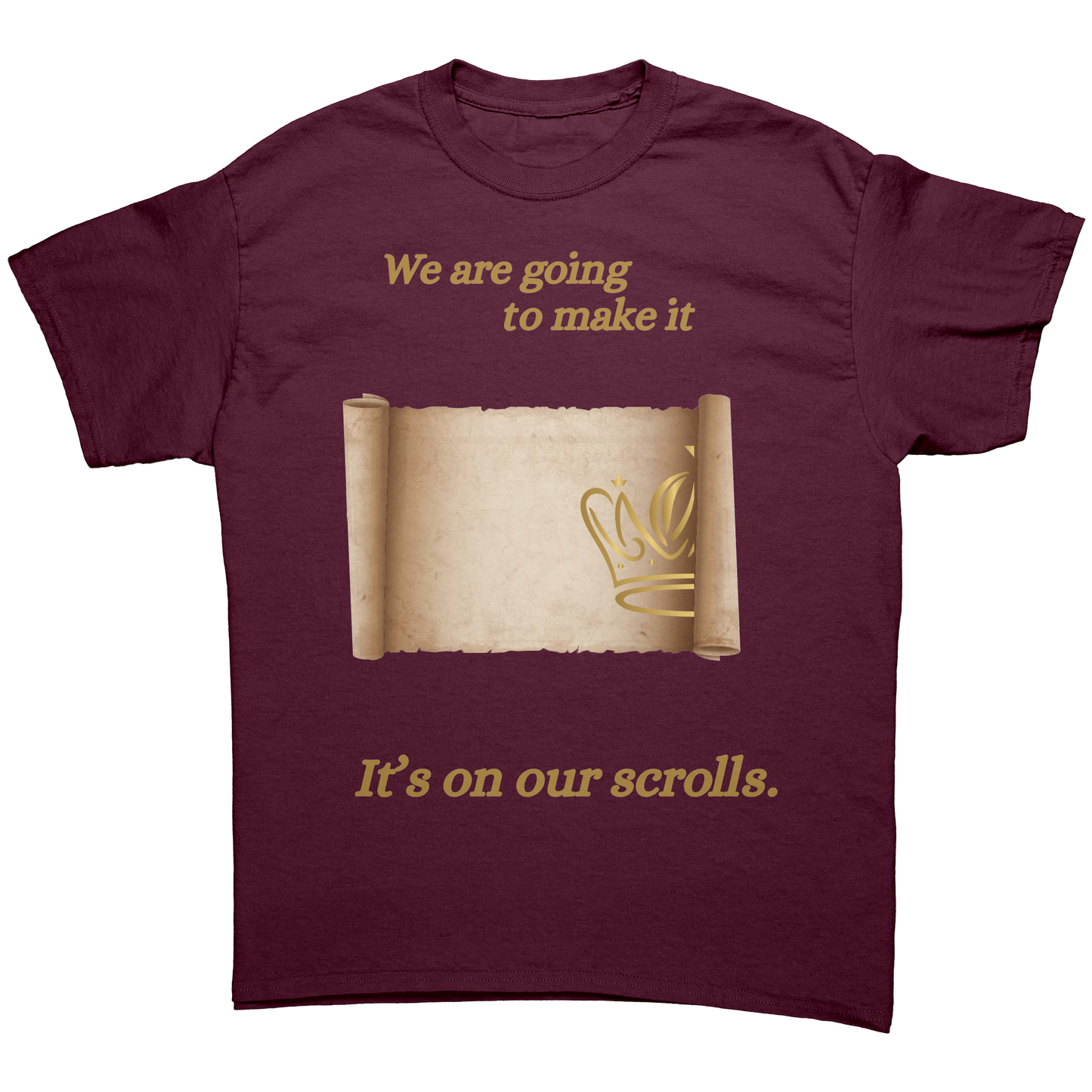 On_Our_Scroll_Unisex_Cotton_Tee_Maroon_Front_Mockup.png