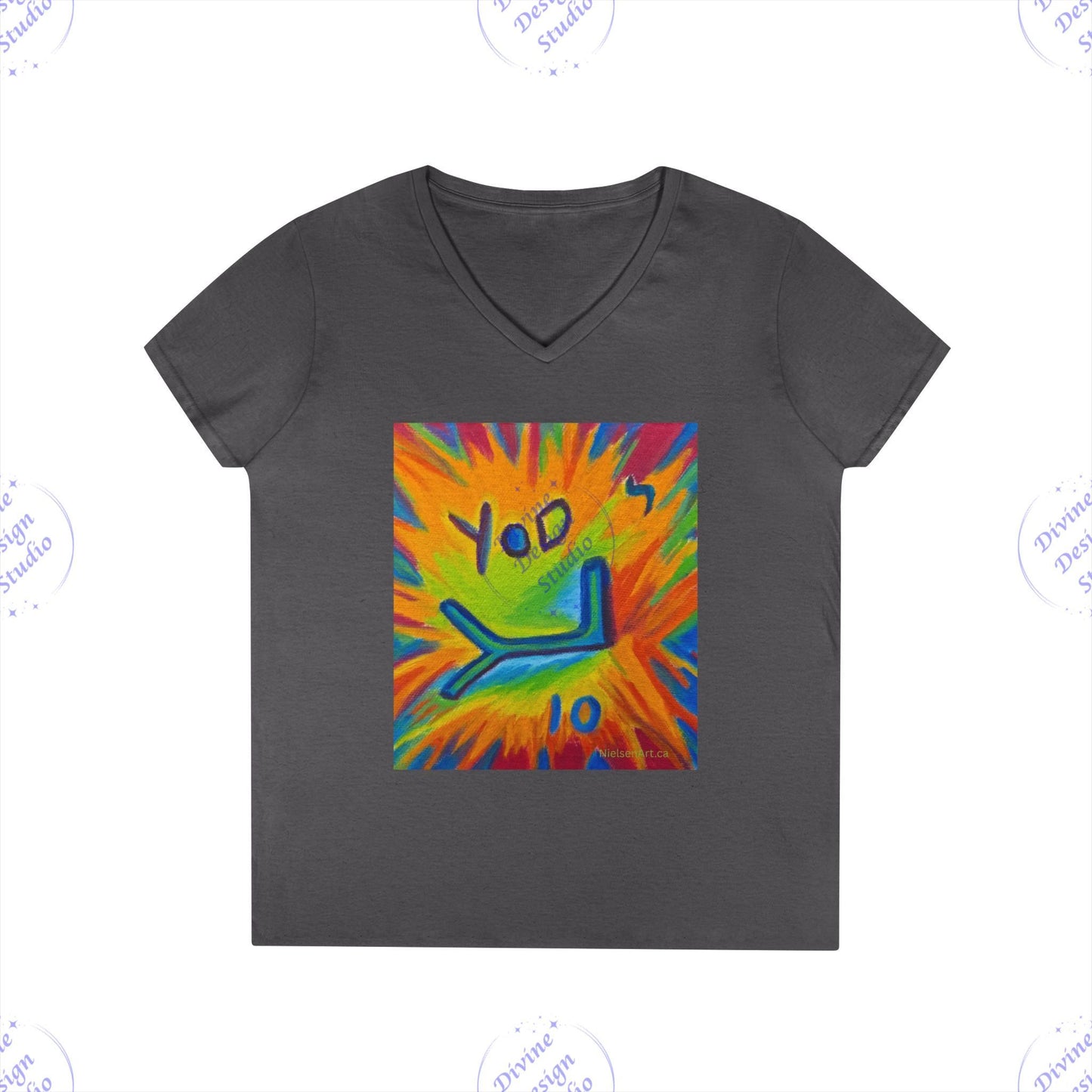 Ladies Hebrew Letter Yod V-Neck T-Shirt – Sherry Nielsen Art, 100% Cotton