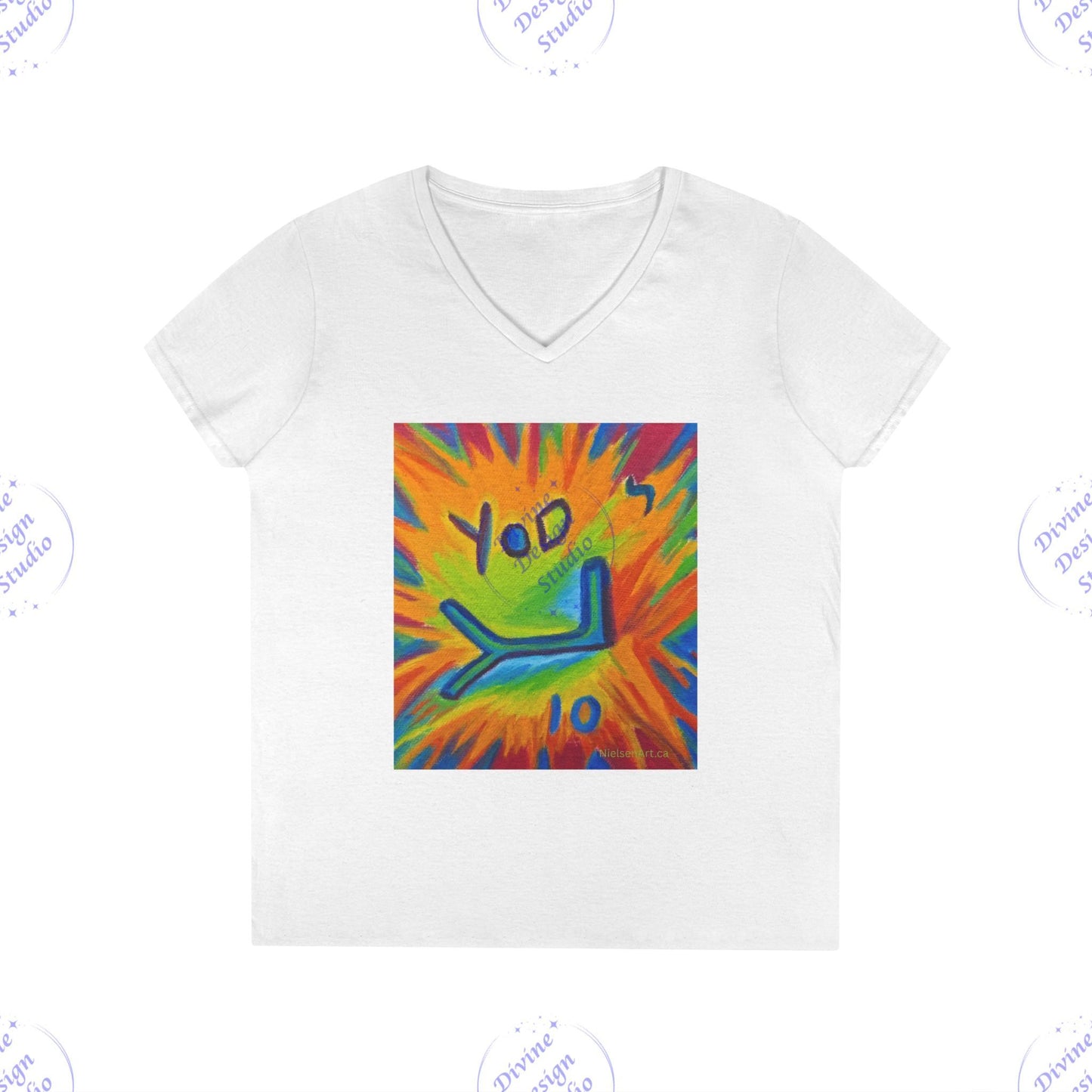 Ladies Hebrew Letter Yod V-Neck T-Shirt – Sherry Nielsen Art, 100% Cotton