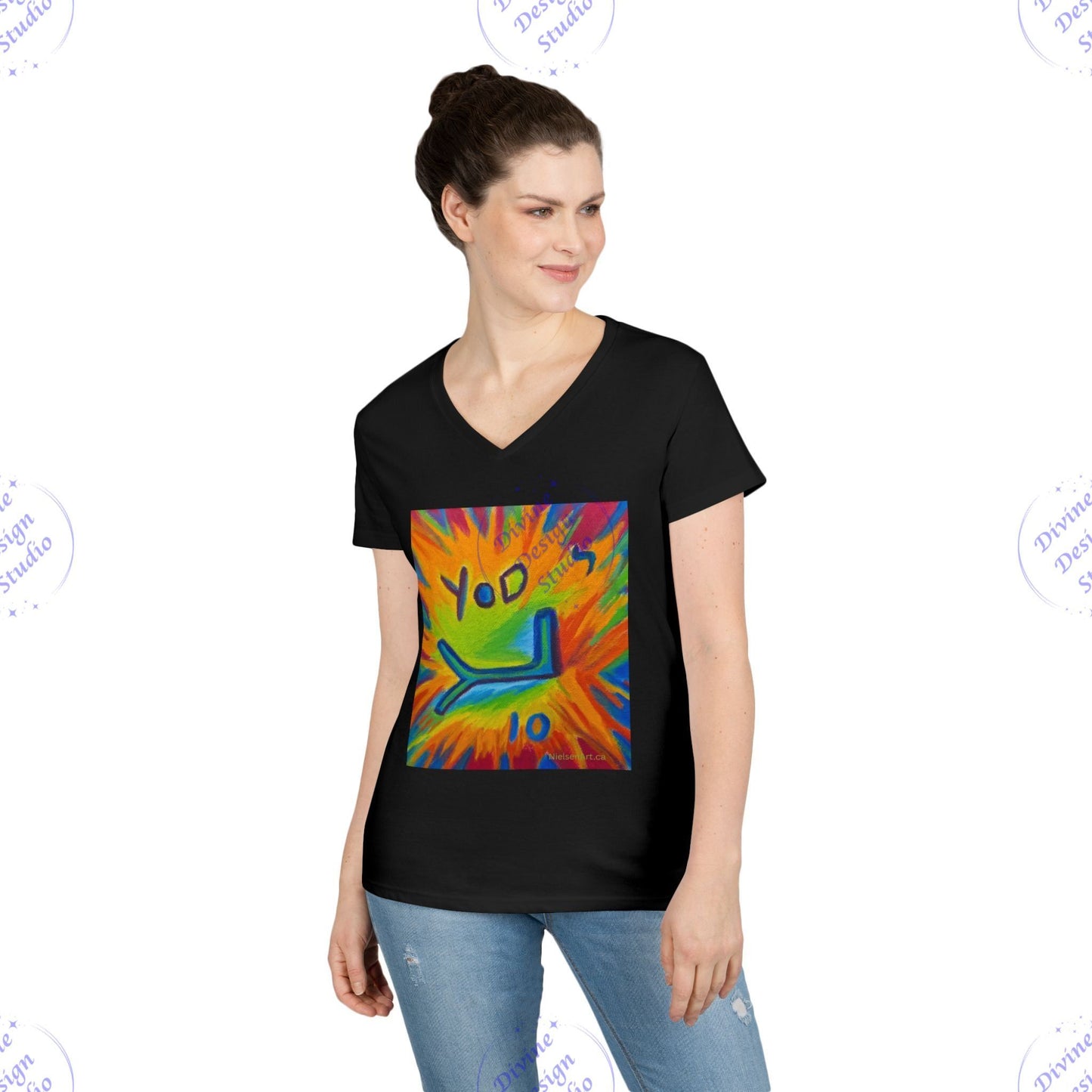 Ladies Hebrew Letter Yod V-Neck T-Shirt – Sherry Nielsen Art, 100% Cotton