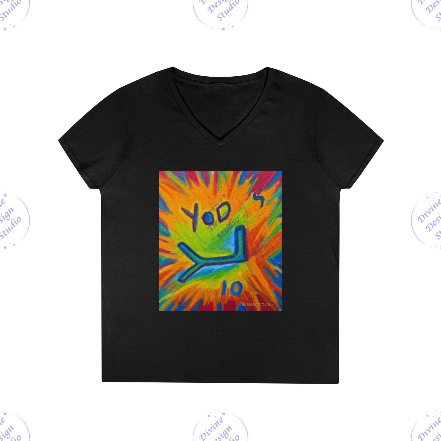 Ladies Hebrew Letter Yod V-Neck T-Shirt – Sherry Nielsen Art, 100% Cotton
