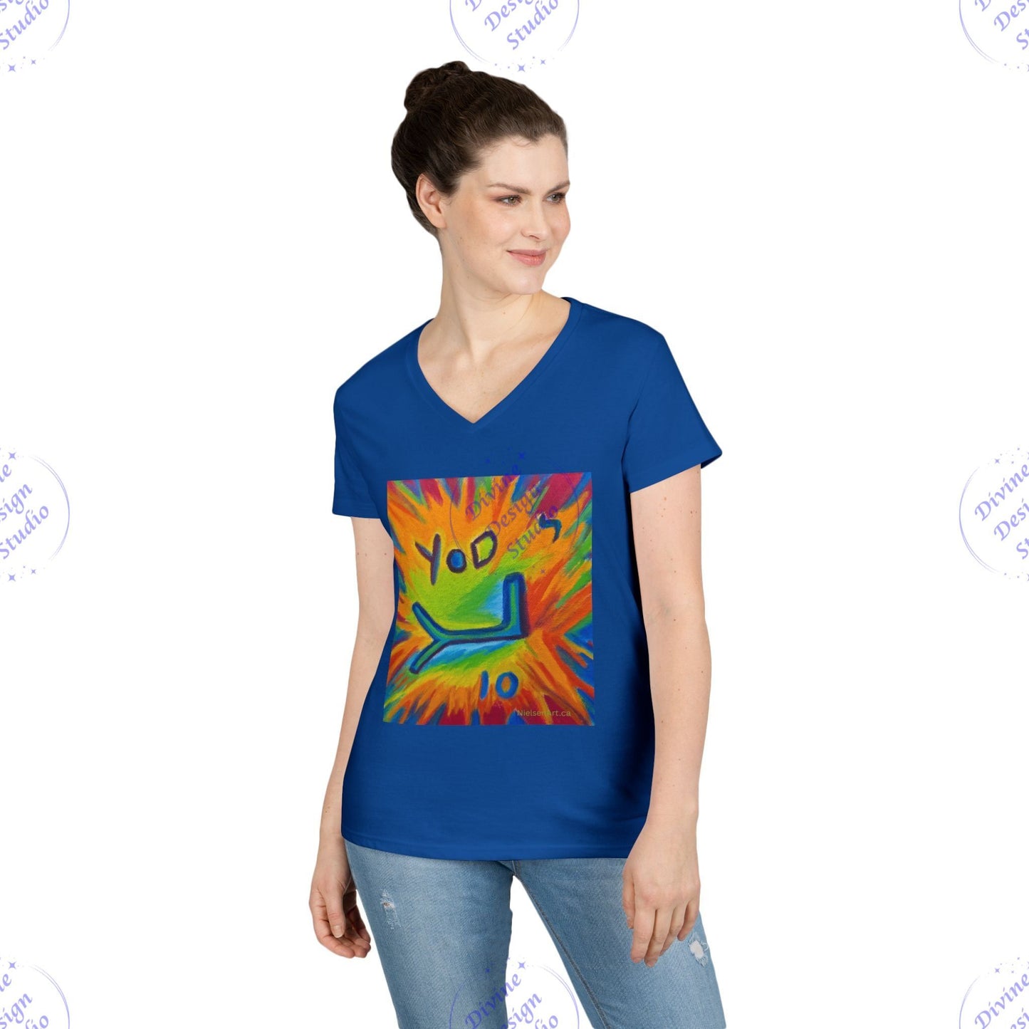 Ladies Hebrew Letter Yod V-Neck T-Shirt – Sherry Nielsen Art, 100% Cotton