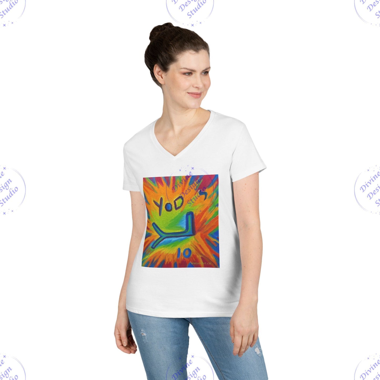 Ladies Hebrew Letter Yod V-Neck T-Shirt – Sherry Nielsen Art, 100% Cotton
