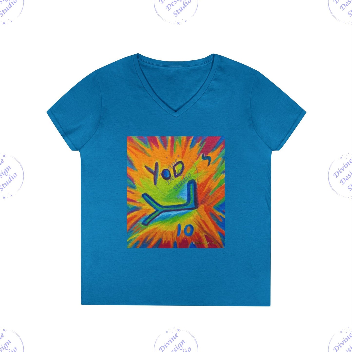Ladies Hebrew Letter Yod V-Neck T-Shirt – Sherry Nielsen Art, 100% Cotton