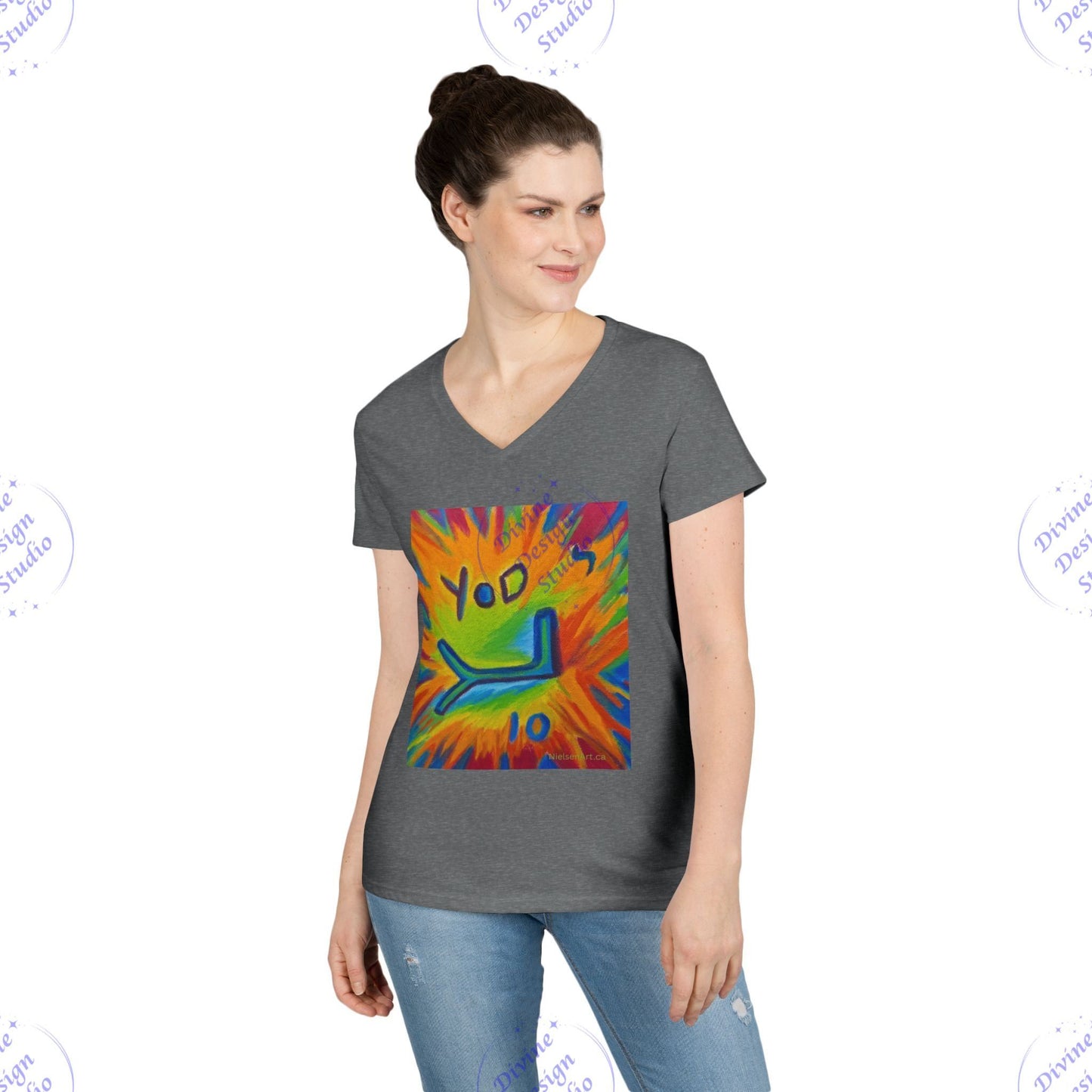 Ladies Hebrew Letter Yod V-Neck T-Shirt – Sherry Nielsen Art, 100% Cotton