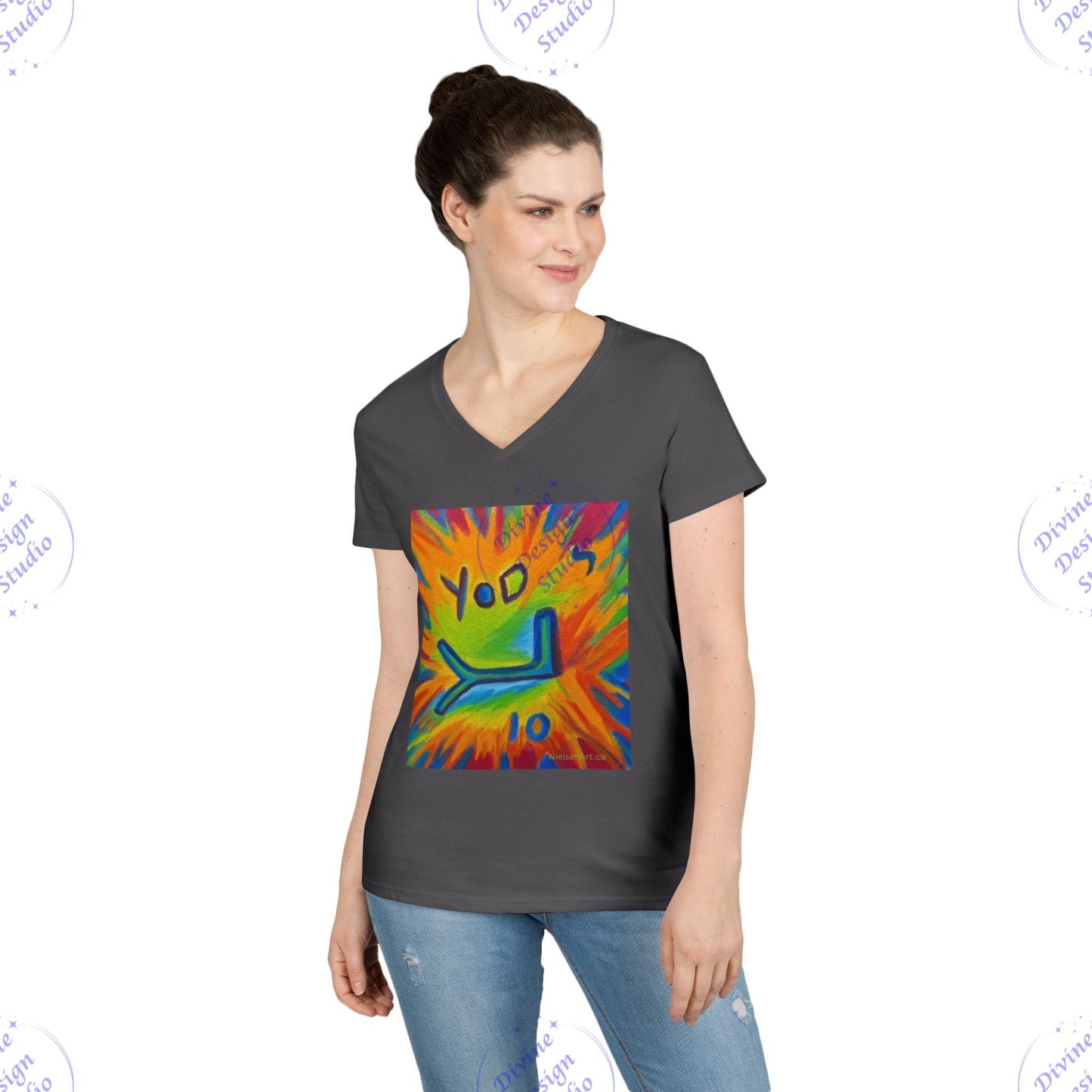 Ladies Hebrew Letter Yod V-Neck T-Shirt – Sherry Nielsen Art, 100% Cotton