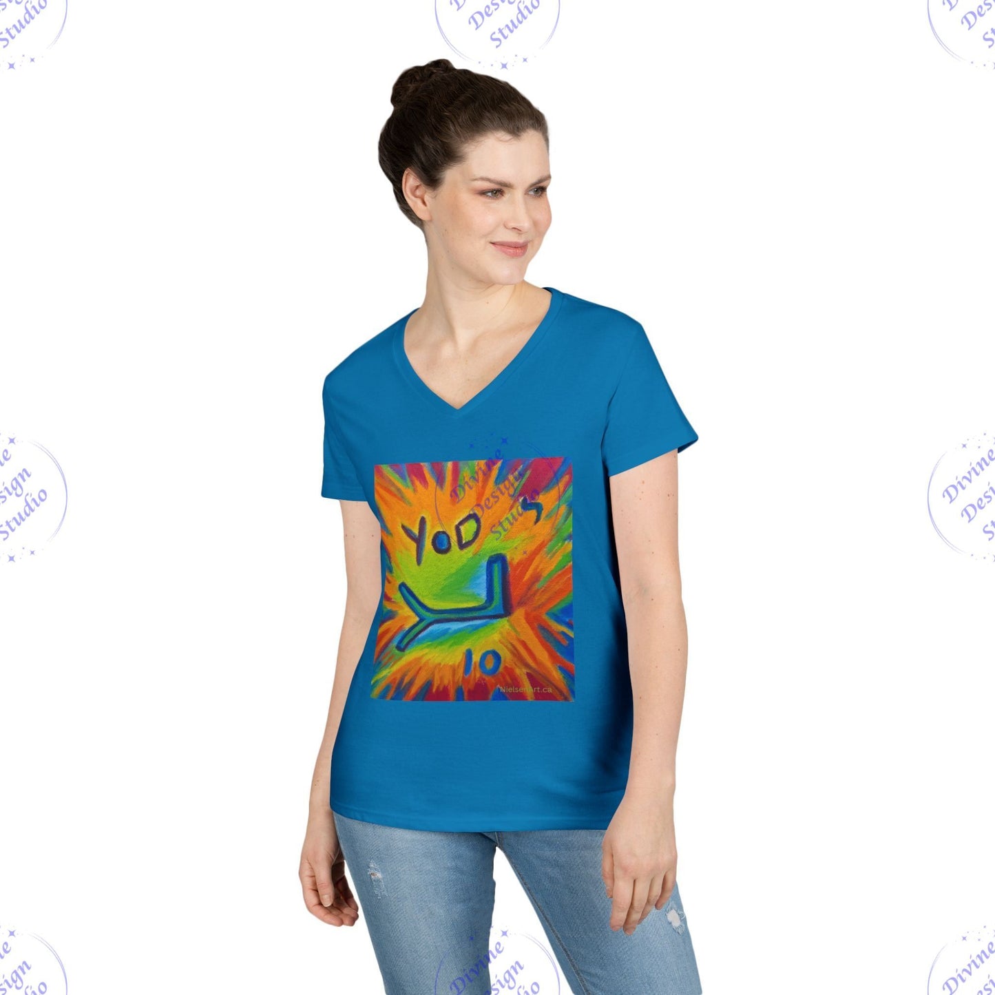 Ladies Hebrew Letter Yod V-Neck T-Shirt – Sherry Nielsen Art, 100% Cotton