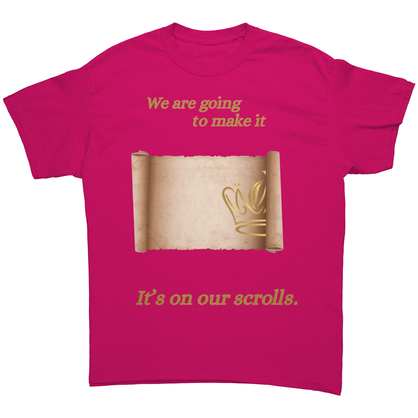 On_Our_Scroll_Unisex_Cotton_Tee_Heliconia_Front_Mockup.png