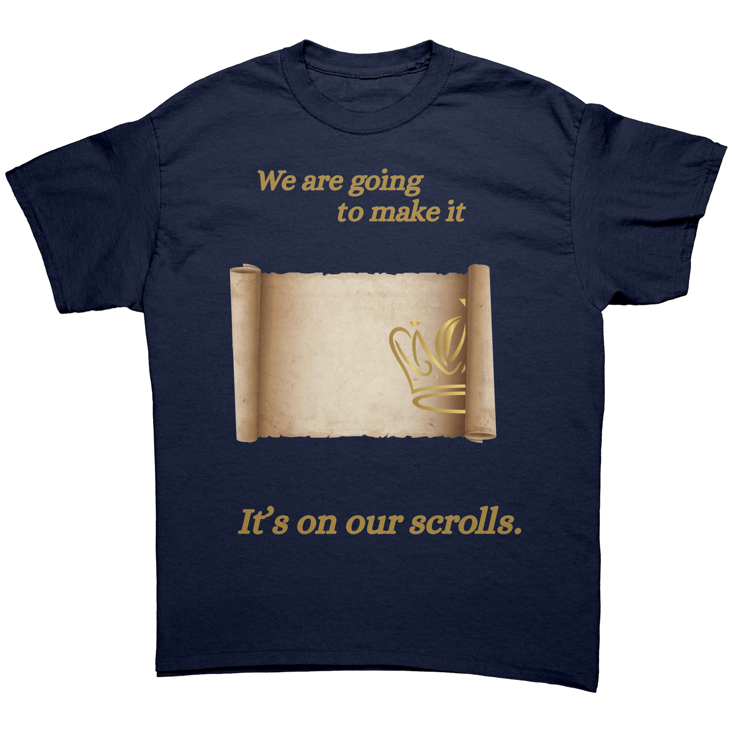 On_Our_Scroll_Unisex_Cotton_Tee_Navy_Front_Mockup.png